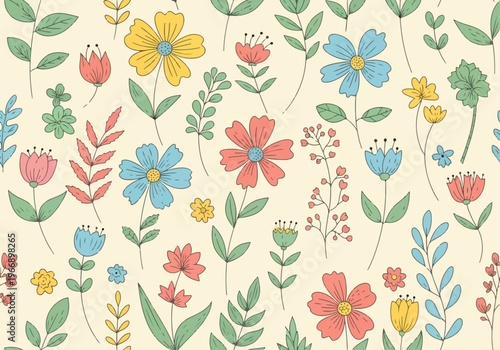 Romantic garden floral wallpaper with scattered pastel flowers and soft watercolor shading on white background