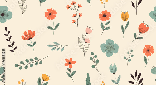 Charming floral wallpaper with soft pastel botanical illustration and clean white background