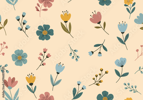 Romantic spring florals scattered across beige canvas with subtle artistic handcrafted feeling