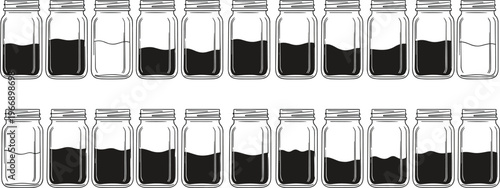 Black silhouette vector illustration of glass jars with varying liquid levels, representing measurement, quantity comparison, storage, and data visualization concepts in modern design