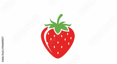 A stylized red strawberry with green leaves and white seeds on a white background