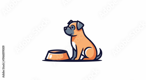 Cartoon dog sitting next to an empty food bowl on a white background