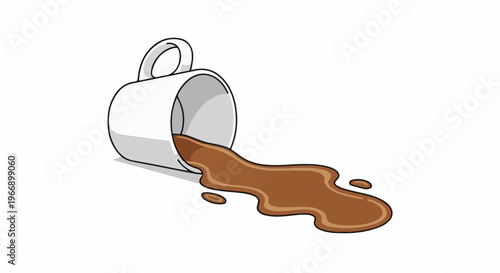 A tipped over cup is spilling brown liquid onto a white surface