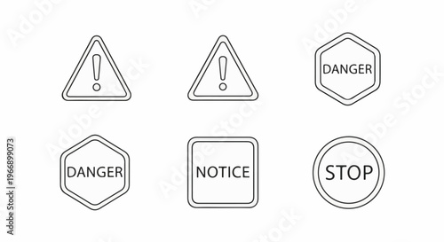 Collection of six warning and informational signs in outline style