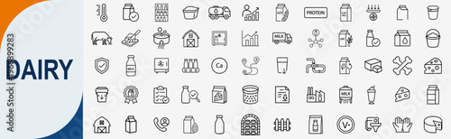 Dairy products and milk industry outline icons set, vector