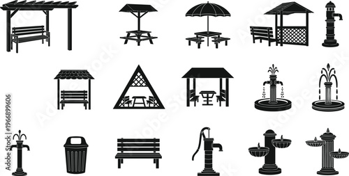 Black silhouette vector illustration set of park furniture including benches, picnic tables, gazebos, pergolas, fountains, water pumps, and trash bins for outdoor public space concepts