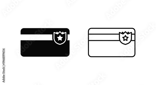 a black and white icon of a credit card with a shield and star Vector