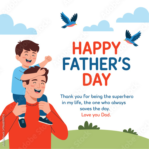 Father and son illustration for father's day greeting card, copy space template.