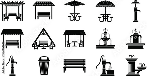 Black silhouette vector illustration set of park furniture including benches, picnic tables, pergolas, fountains, water pumps, and trash bins for outdoor public space concepts