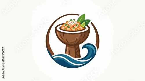 Tuna Poke Bowl Logo Featuring Waves and Coconut