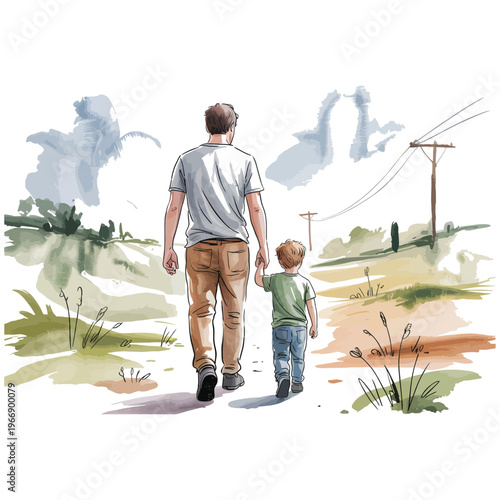 Father and son walking hand in hand on rural dirt road watercolor painting vector.