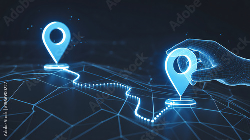 Digital location pins connected by glowing network path isolated on transparent background