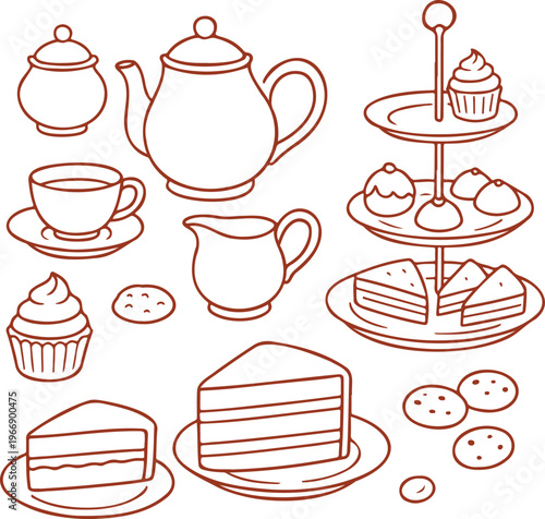 Tea party dessert set line art