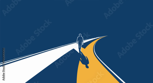 Lone figure walks along diverging paths, one white, one yellow