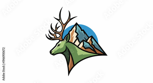 Majestic stag with antlers superimposed over stylized mountains and sky