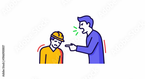 Man in blue shirt yells at sad worker in yellow shirt and hard hat