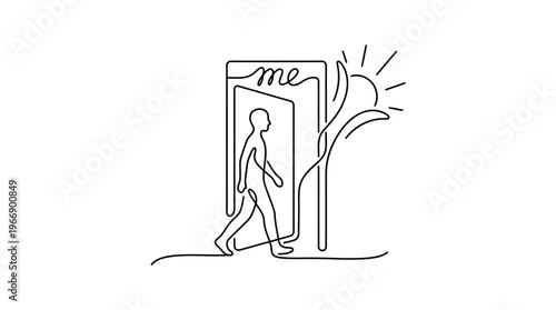Person Walking Through Door Labeled “Me”, Stepping Into Truth Concept, Continuous Line Art