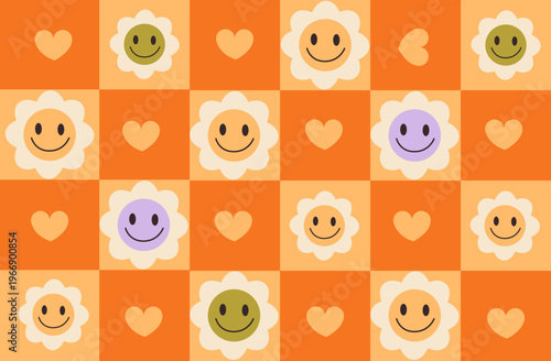 Smiley Flower Hearts Retro Checkered Pattern Design. Playful retro pattern a bold orange checkerboard background, perfect for fun, trendy, and youthful designs.