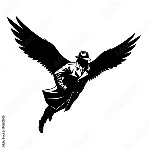 Silhouette of a Winged Figure in Flight Wearing a Trench Coat and Hat.