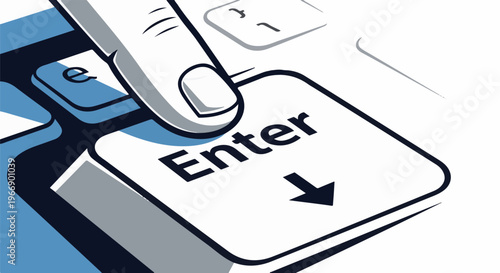 Finger pressing the Enter key on a blue and white keyboard