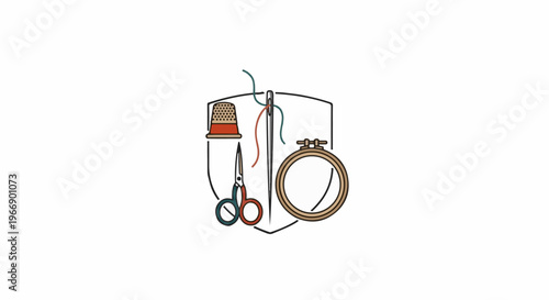 Needle, thread, thimble, scissors, and hoop, symbols of sewing