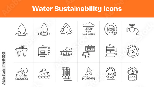 Water Sustainability Line Icons Set Save Water Recycling Clean Outline Vector