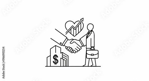 Business handshake with growth graph, buildings, and briefcase