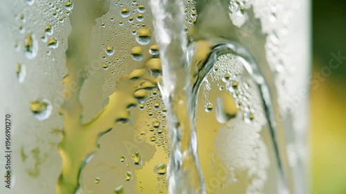 A close-up shot of condensation on a glass with a blurry green and yellow background