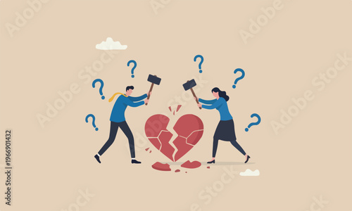 Marriage or painful in broken relationship couple concept, angry couple husband and wife using big hammer to hit broken heart shape metaphor of family problem