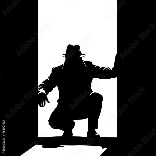 Silhouette of Mysterious Man Emerging from Doorway in Shadow.