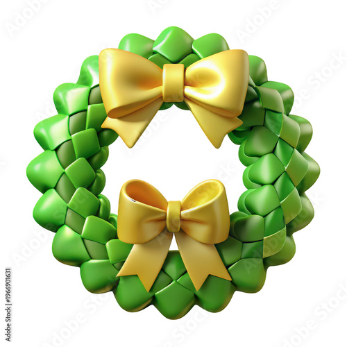 Green christmas wreath with golden bows on transparent background 3d rendering illustration.