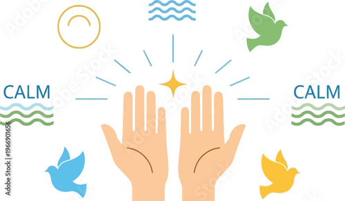 Hands held in an open gesture are surrounded by doves and wave symbols to visualize a calm and peaceful environment.