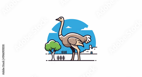 Cartoon ostrich with tree, fence, and stylized buildings under a blue sky