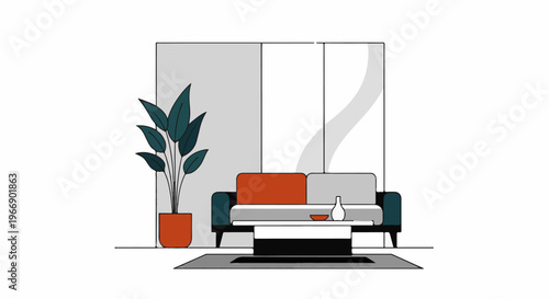 Modern minimalist living room with sofa, plant, and coffee table