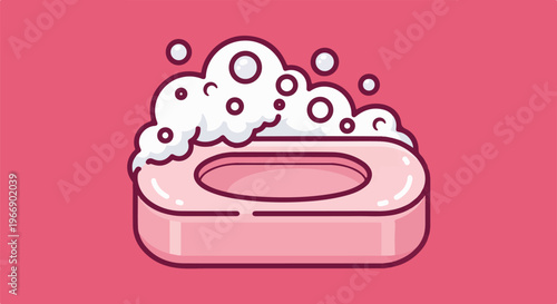 Pink soap bar with overflowing white bubbles on a pink background