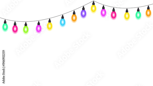 Colorful String Lights, Realistic Glowing Festive Garland Overlay for Christmas Party and Holiday Event Decoration