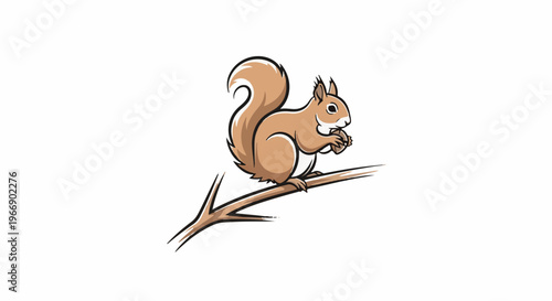Cute cartoon squirrel perched on a branch holding a nut