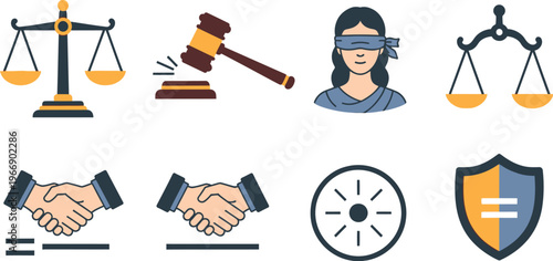 Justice and law icons are displayed, featuring symbols like scales, a gavel, Lady Justice, and handshakes, representing legal agreements and fairness within the judicial system.