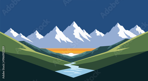 Pixelated mountain valley with a winding river and sunset