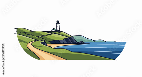 Coastal lighthouse overlooks a sandy beach and rolling green hills
