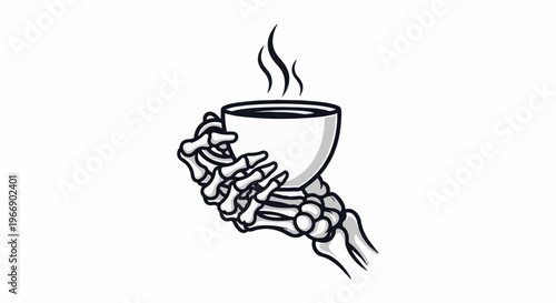 Skeletal hand cradles steaming cup of coffee