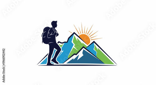 Silhouette hiker ascends colorful mountains under bright sun