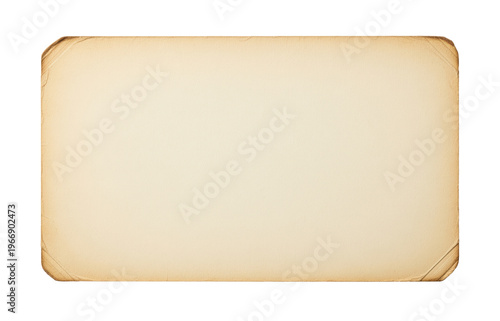 Aged blank photo mount with rounded corners on transparent background for memory pages, heritage stationery, archival presentation and old paper layouts that need a worn collectible look