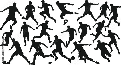 Soccer player silhouettes set showing running dribbling kicking jumping dynamic action 
