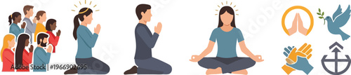 People in prayer and meditation poses are depicted in a series of colorful flat illustrations.