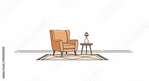 Cozy armchair with a small table and vase on a patterned rug