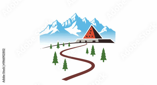 Rustic mountain lodge nestled amidst snow-capped peaks and pine trees