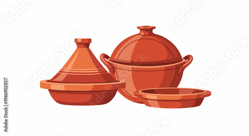 Collection of traditional terracotta cooking pots, one conical and two round
