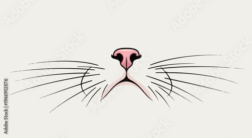 Simple illustration of a cat's pink nose and black whiskers against a cream background