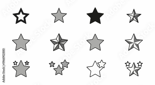 Collection of twelve grey and black star icons, varying in fill and arrangement